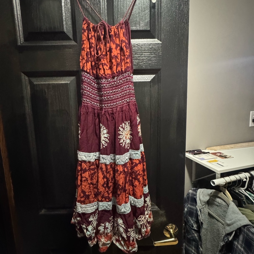 Boho Tie-Front Maxi Dress in Burgundy and Rust
